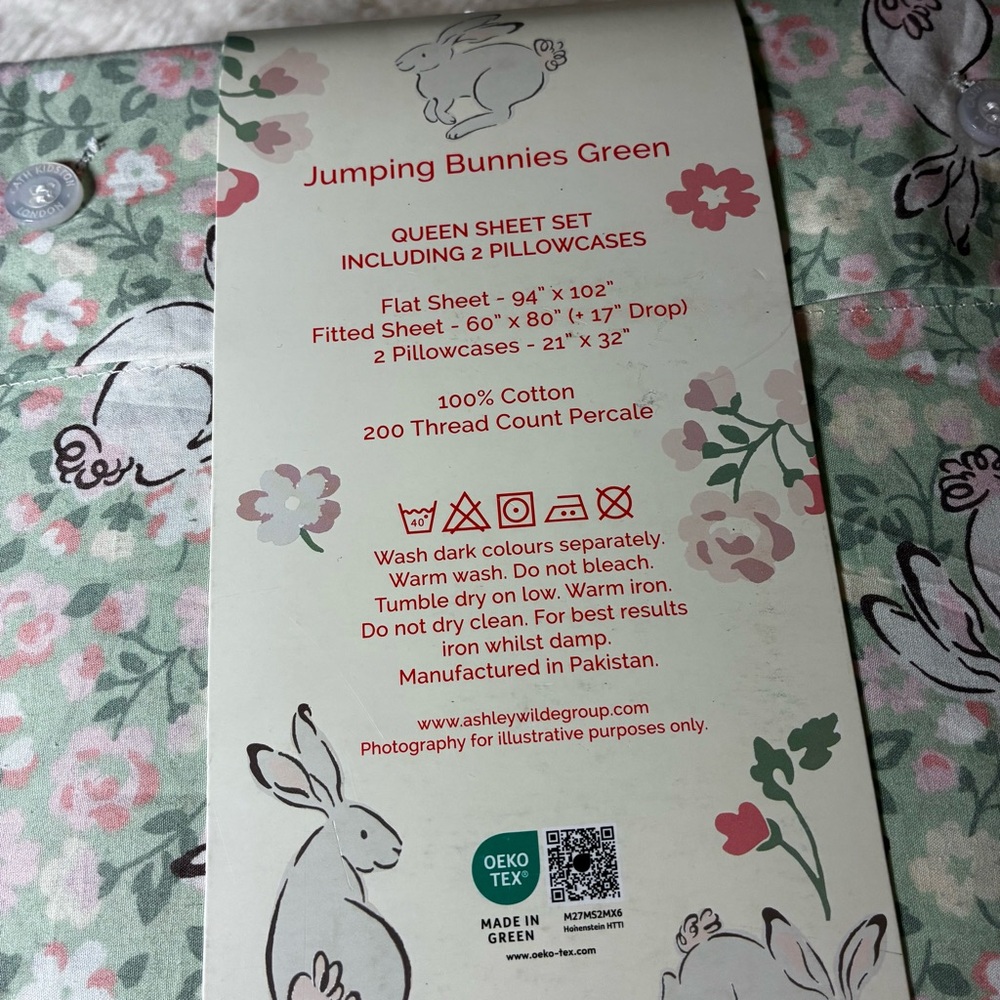Cath Kidston Jumping Bunnies green Queen 4 piece Sheet Set bunny rabbit cotton - Picture 5 of 6